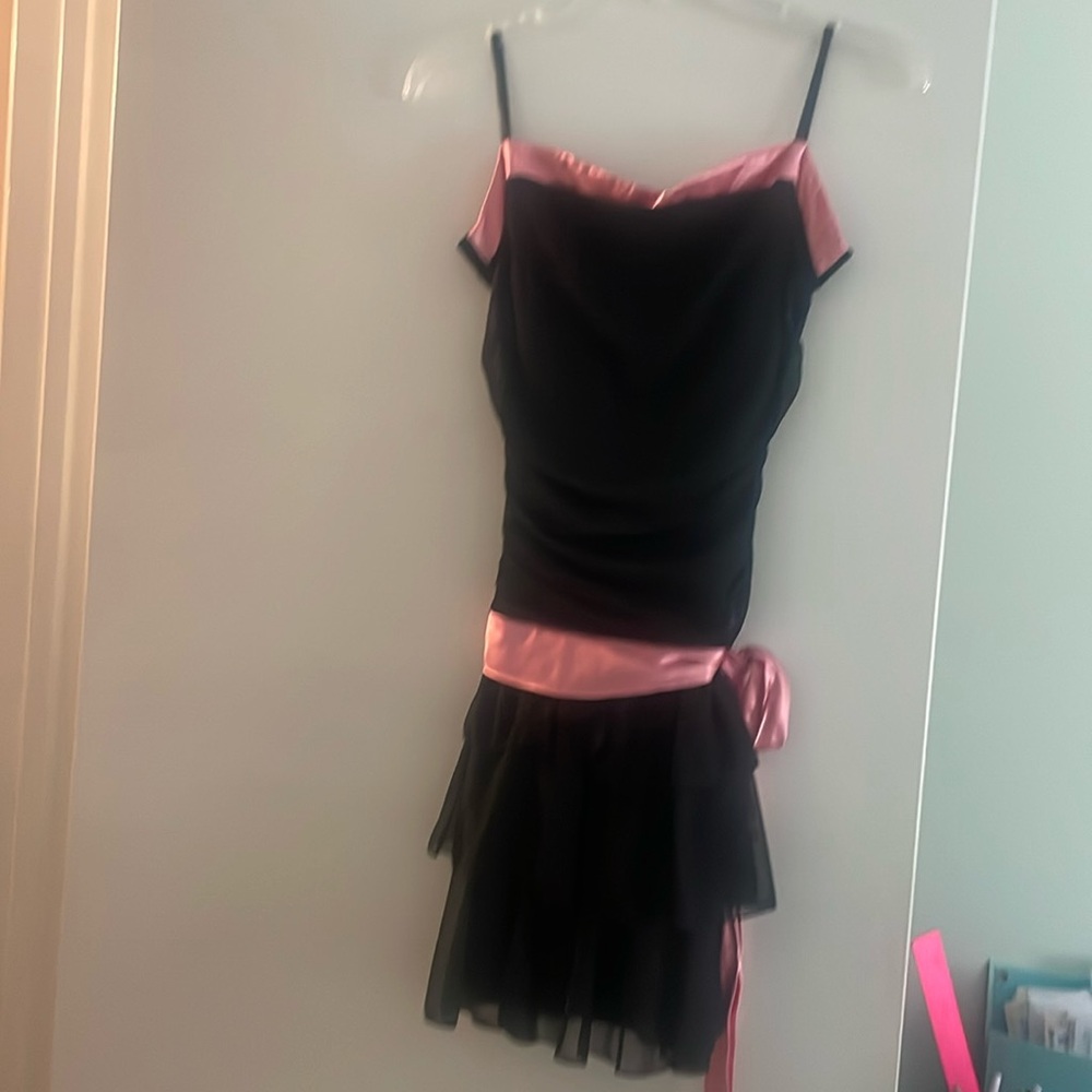 Black strapless party dress with pink ribbon detail, size Large, brand BCX